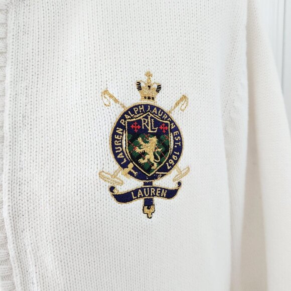 LAUREN Ralph Lauren White 1/4 Zip Long Sleeve Sweater w/ Crest in Women's Large - Picture 2 of 15